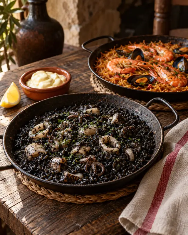 Arroz negro y fideuá en paelleras pequeñas, con alioli al lado