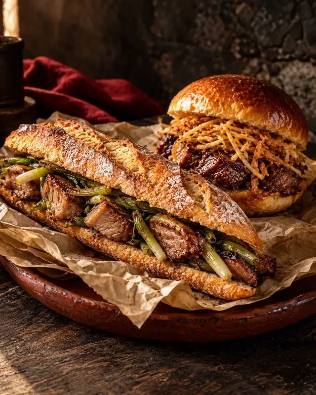 Bocadillo Cachirulo de ternasco y ajetes junto a un brioche de carrillera, fotografía ilustrativa