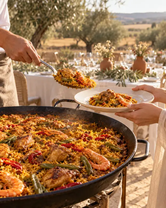 Manos sirviendo arroz de una gran paellera en una celebración al aire libre