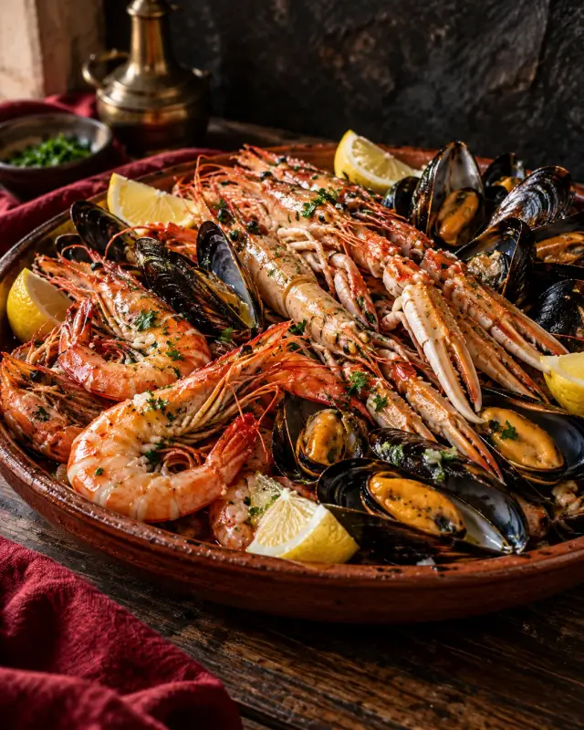 Fuente de mariscada con gambas, cigalas y mejillones