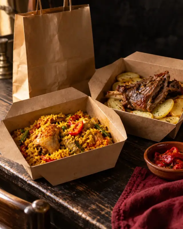 Comida para llevar en envases junto a una bolsa de papel sobre madera